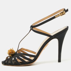 Charlotte Olympia Black Satin Flower Detail Ankle Strap Sandals Size 40, Sandals - Luxury Closet catalog