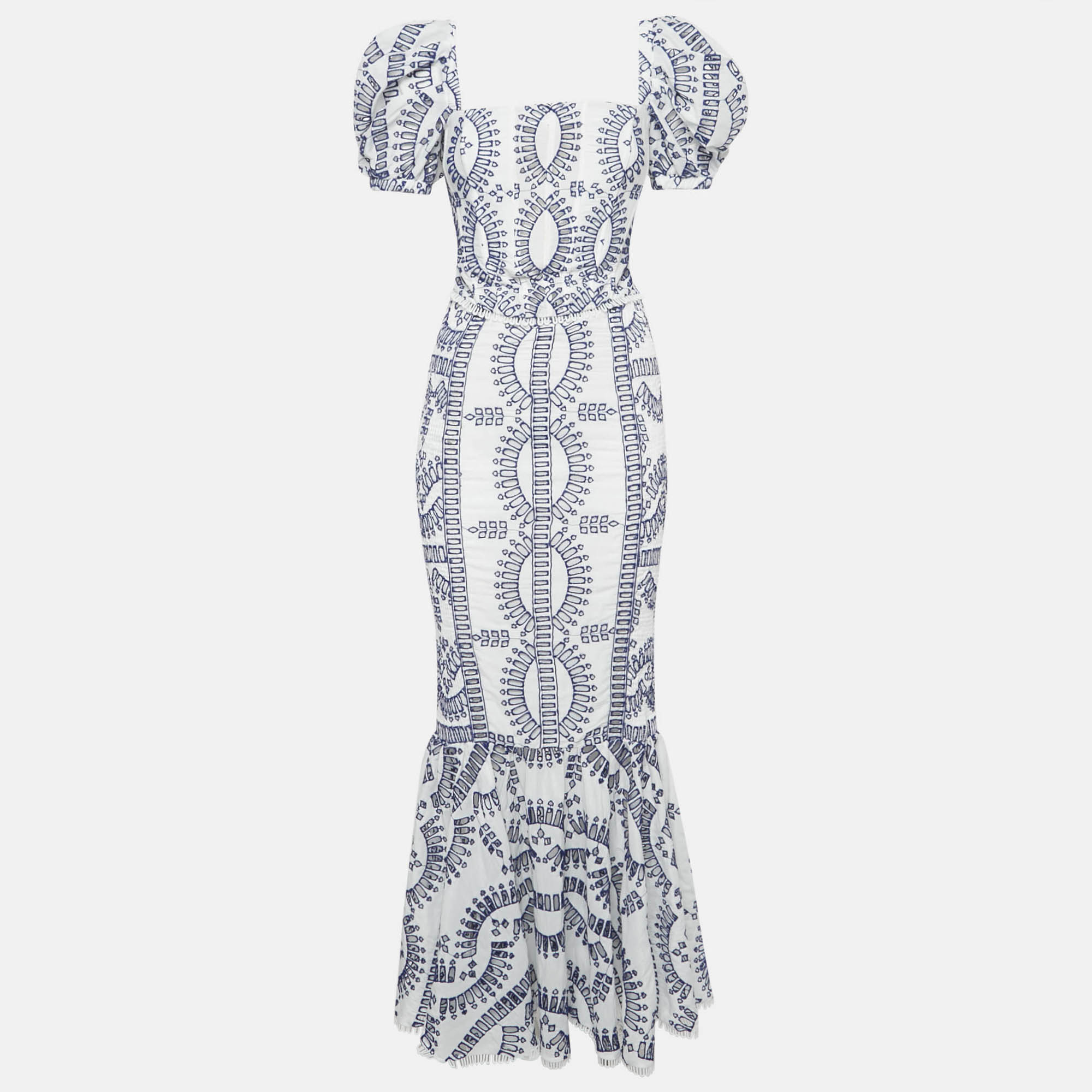 Charo Ruiz White/Blue Broderie Anglaise Shirring Top and Skirt Set S, Suits - Luxury Closet catalog
