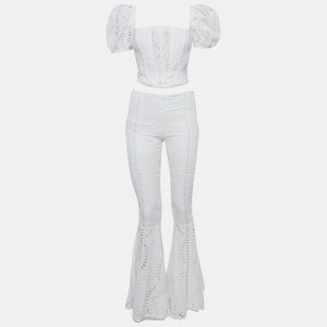 Charo Ruiz White Broderie Anglaise Cotton Top and Flared Pants Set S, Suits - Luxury Closet catalog