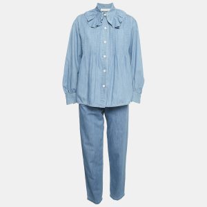 Chloe Blue Eternal Blue Denim Ruffled Blouse and Trousers Set S, Suits - Luxury Closet catalog