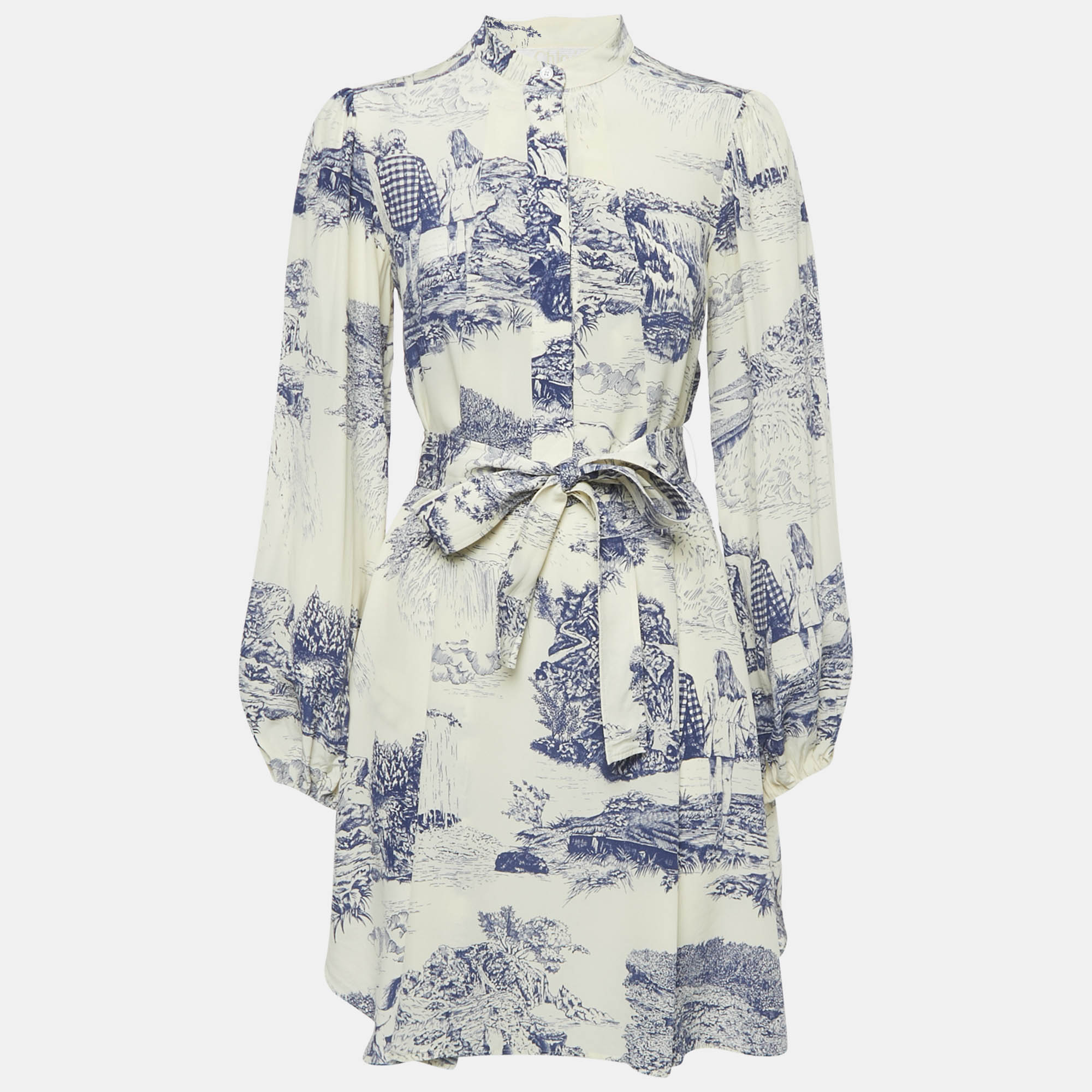 Chloe Cream/Blue Printed Silk Mini Dress S, Dresses - Luxury Closet catalog