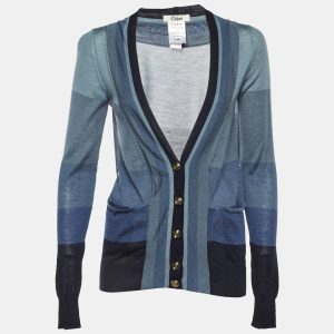 Chloe Grey/Blue Striped Cashmere & Silk Button Front Cardigan XS, Sweaters & Cardigans - Luxury Closet catalog