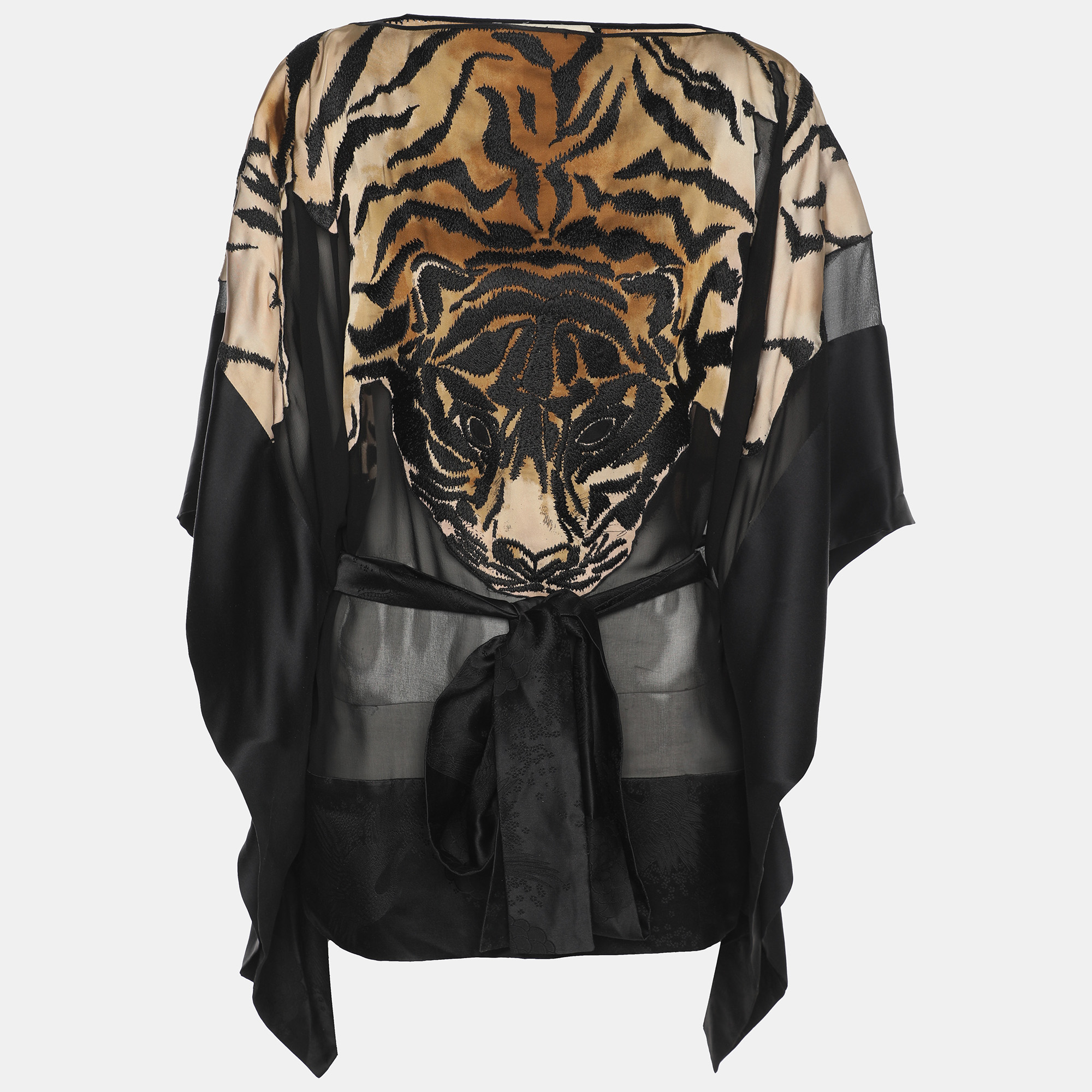 Chloe Beige/Black Satin Tiger Embroidered Belted Kaftan Blouse M, Shirts & Tops - Luxury Closet catalog