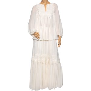 Chloe Cream Crinkle Silk Lace Trim Detailed Blouse and Skirt S, Suits - Luxury Closet catalog