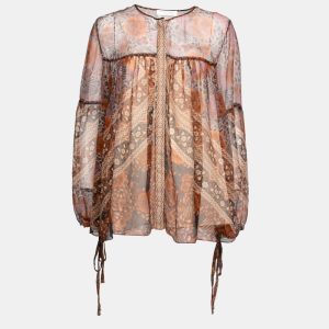 Chloe Rust Orange Printed Silk Chiffon Gathered Sleeve Detail Blouse L, Shirts & Tops - Luxury Closet catalog