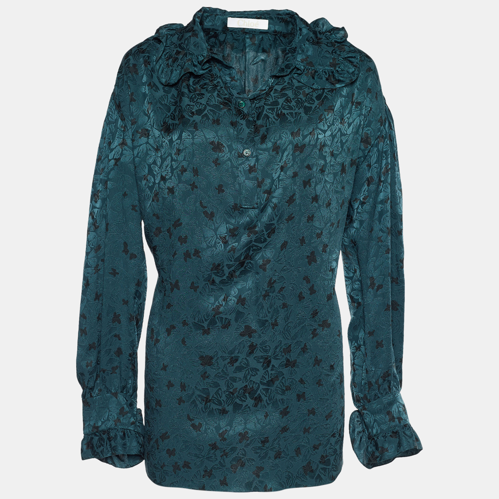 Chloe Green Silk Butterfly Jacquard Oversized Blouse M, Shirts & Tops - Luxury Closet catalog