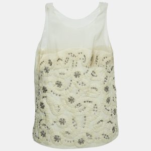 Chloe Cream Crystals Embellished Silk & Linen Blend Sleeveless Top M, Shirts & Tops - Luxury Closet catalog