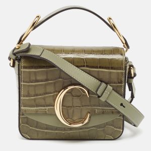 Chlo&eacute; Two Tone Green Croc Embossed Leather Mini C Top Handle Bag, Satchels - Luxury Closet catalog