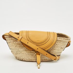 Chlo&eacute; Mustard/Beige Woven Raffia and Leather Marcie Basket Bag, Shoulder Bags - Luxury Closet catalog