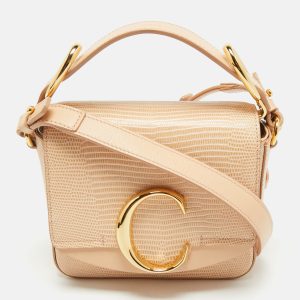Chlo&eacute; Peach Lizard Embossed Leather Mini C Top Handle Bag, Satchels - Luxury Closet catalog