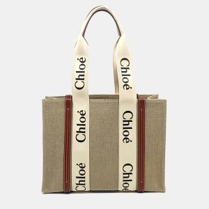 Chloe Beige Brown Fabric Woody Bag Medium, Satchels - Luxury Closet catalog
