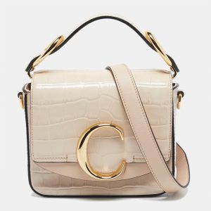 Chlo&eacute; Blush Pink/Grey Croc Embossed Leather Mini C Top Handle Bag, Satchels - Luxury Closet catalog