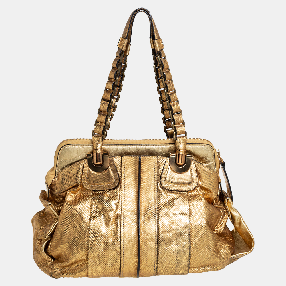 Chloé Metallic Gold Embossed Leather Heloise Satchel, Satchels - Luxury Closet catalog