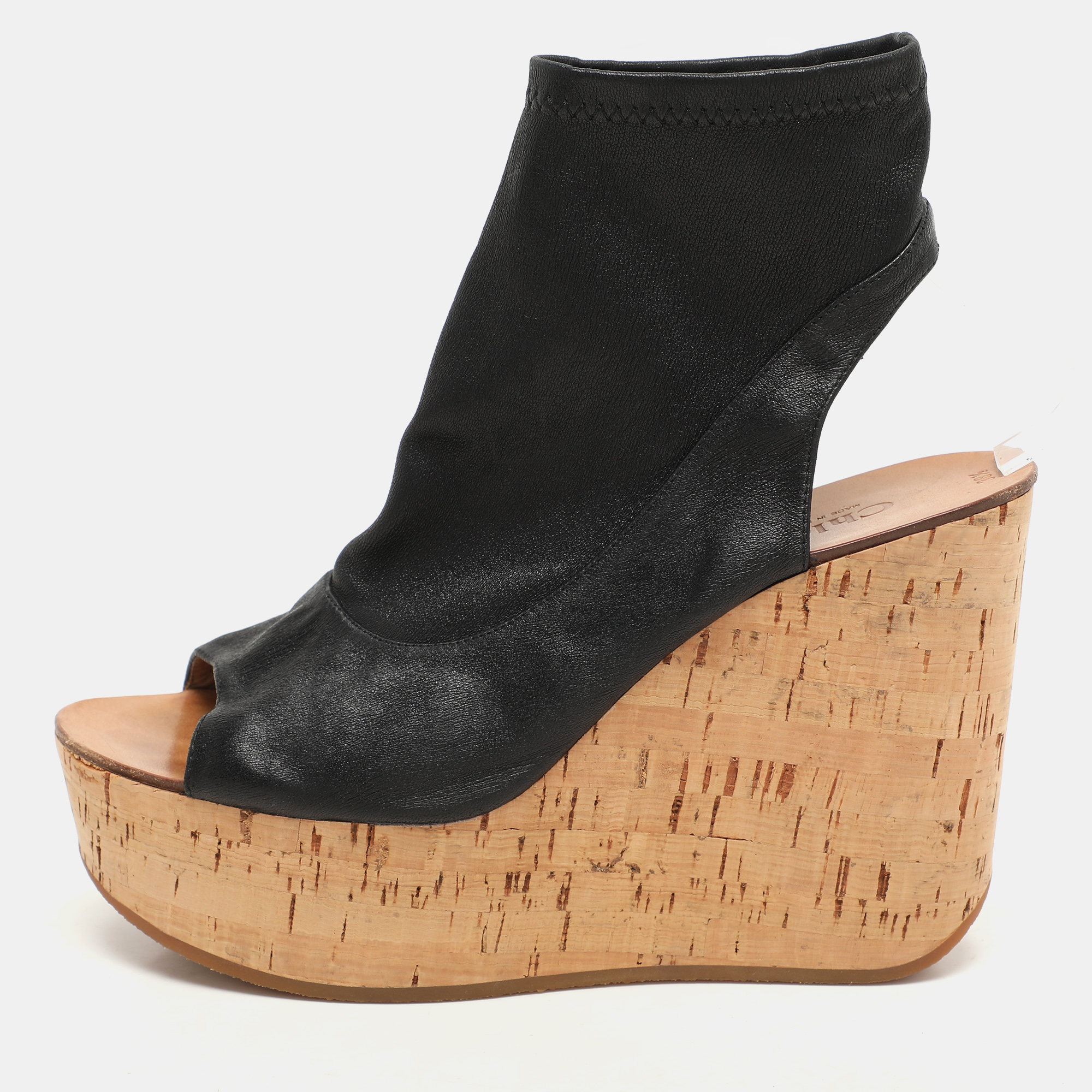 Chloe Black Leather Cork Wedge Cut Out Boots Size 38.5, Boots - Luxury Closet catalog