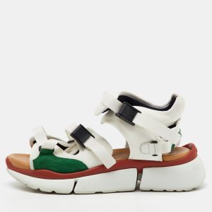 Chlo&eacute; White/Green Fabric and Suede Sonnie Ankle Strap Sandals Size 39, Sandals - Luxury Closet catalog