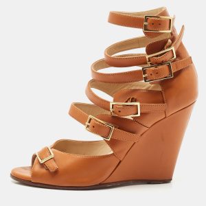 Chloe Brown Leather Strappy Buckle Wedge Sandals Size 36.5, Sandals - Luxury Closet catalog