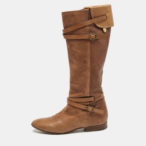 Chloe Brown Leather Strappy Buckle Knee Length Boots Size 38.5, Boots - Luxury Closet catalog