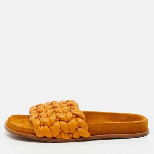 Chlo&eacute; Yellow Braided Leather Kacey Flat Slide Sandals Size 39, Sandals - Luxury Closet catalog