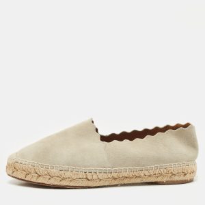 Chloe Light Grey Suede Scalloped Accent Espadrille Flats Size 38, Flats - Luxury Closet catalog