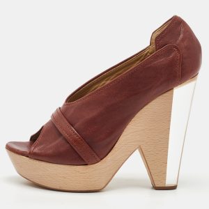 Chloe Brown Leather Lucite and Wood Chunky Heel Platform Pumps 37.5, Pumps - Luxury Closet catalog