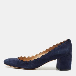 Chloe Navy Blue Scalloped Suede Lauren Pumps Size 38.5, Pumps - Luxury Closet catalog