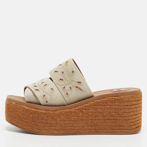 Chloe Beige/Brown Embroidered Canvas Woody Platform Espadrille Sandals Size 38, Sandals - Luxury Closet catalog