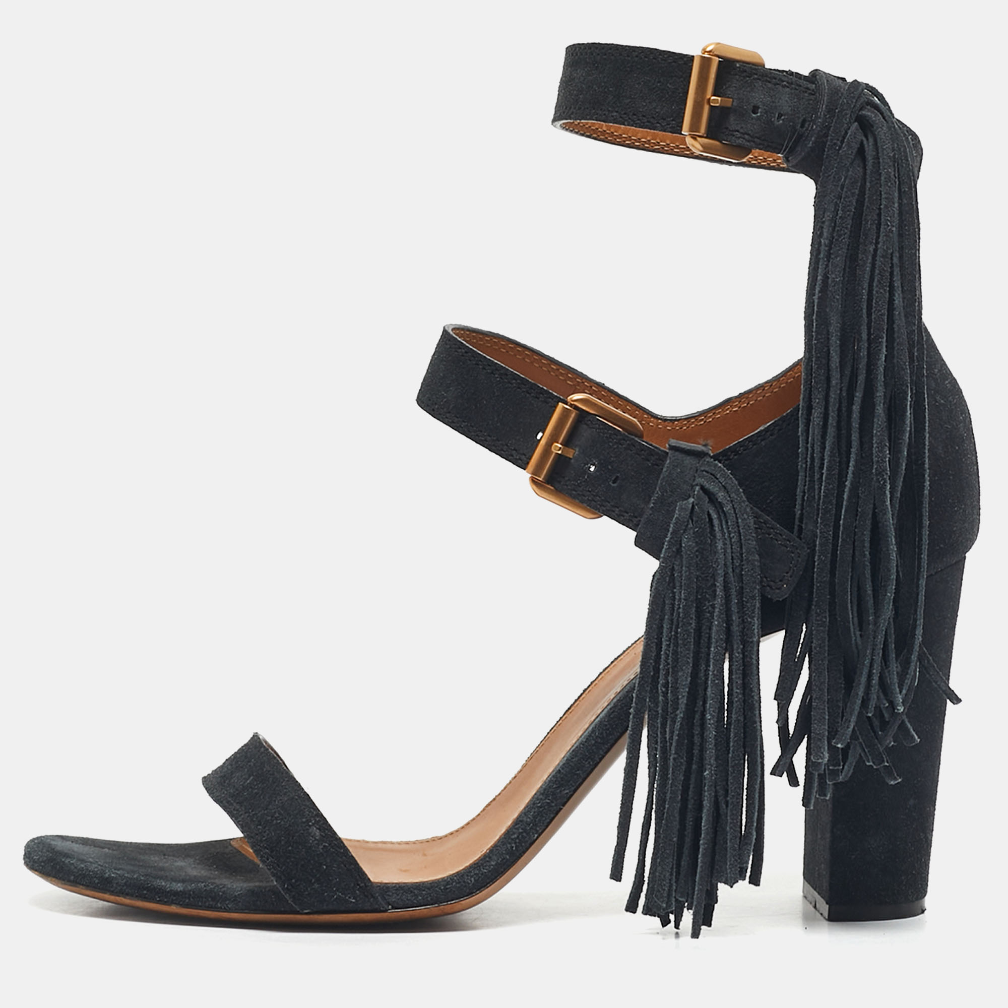 Chloe Navy Blue Suede Fringe Detail Ankle Strap Sandals Size 40.5, Sandals - Luxury Closet catalog
