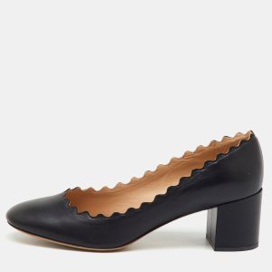 Chloe Black Leather Lauren Scallop Trim Block Heel Pumps Size 36.5, Pumps - Luxury Closet catalog