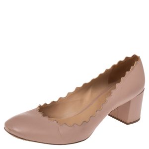 Chloe  Beige Leather Lauren Scallop Trim Block Heel Pumps Size 40.5, Pumps - Luxury Closet catalog