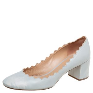 Chloe Blue Leather Lauren Scallop Trim Block Heel Pumps Size 40, Pumps - Luxury Closet catalog