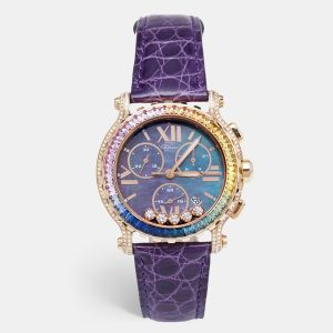 Chopard Black Mother of Pearl Rainbow Baguette Sapphires Diamond 18k Rose Gold Alligator Happy Sport 283582-5017 Women's Wristwatch 42 mm, Watches - Luxury Closet catalog