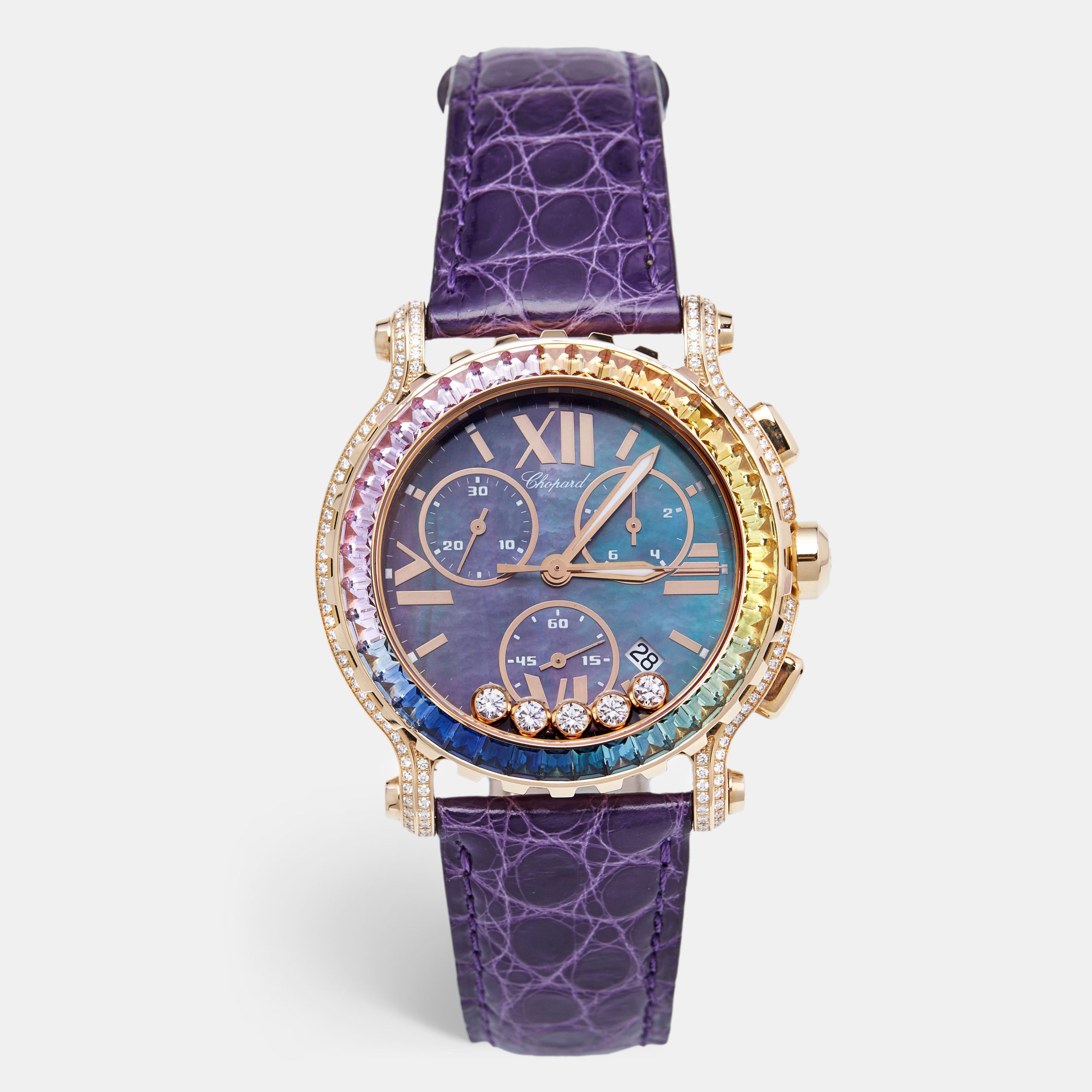 Chopard Black Mother of Pearl Rainbow Baguette Sapphires Diamond 18k Rose Gold Alligator Happy Sport 283582-5017 Women's Wristwatch 42 mm, Watches - Luxury Closet catalog