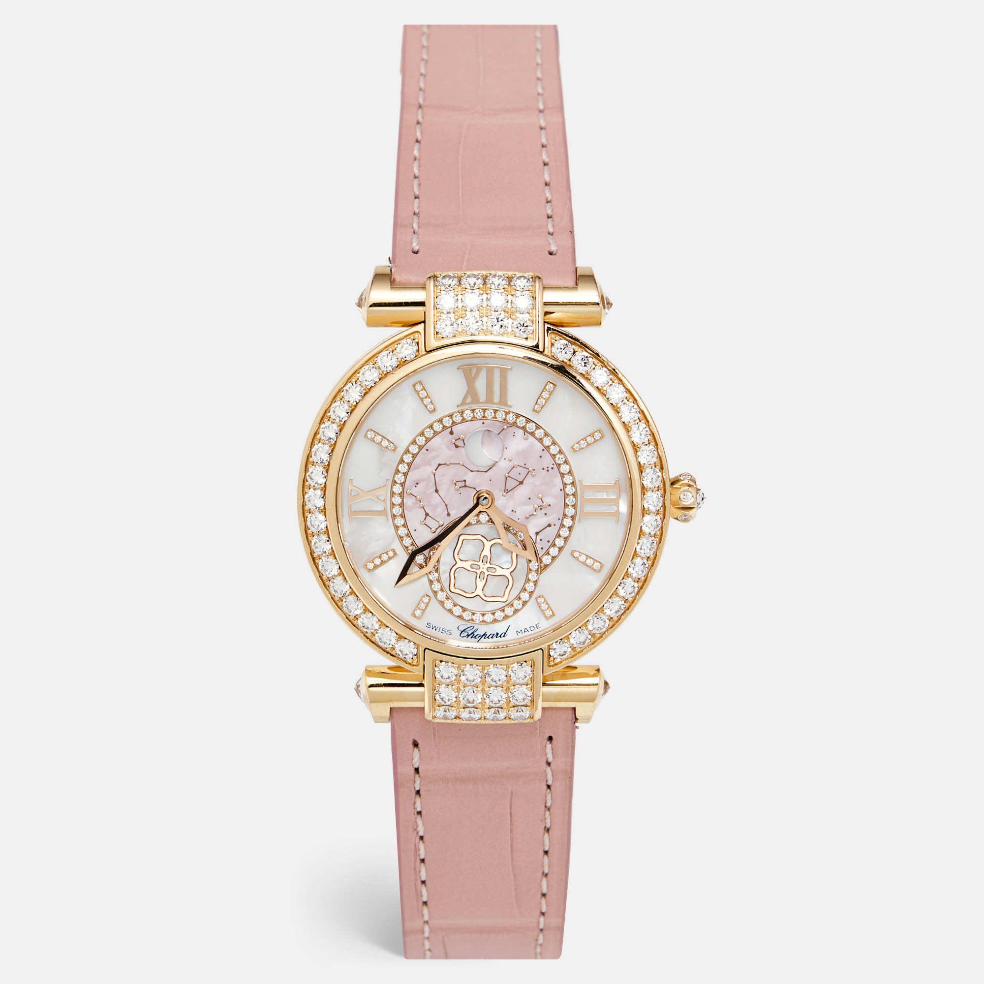 Chopard Mother Of Pearl Diamond 18K Ethical Rose Gold Alligator Leather Imperiale Moonphase 384246-5001 Women's Wristwatch 36 mm, Watches - Luxury Closet catalog