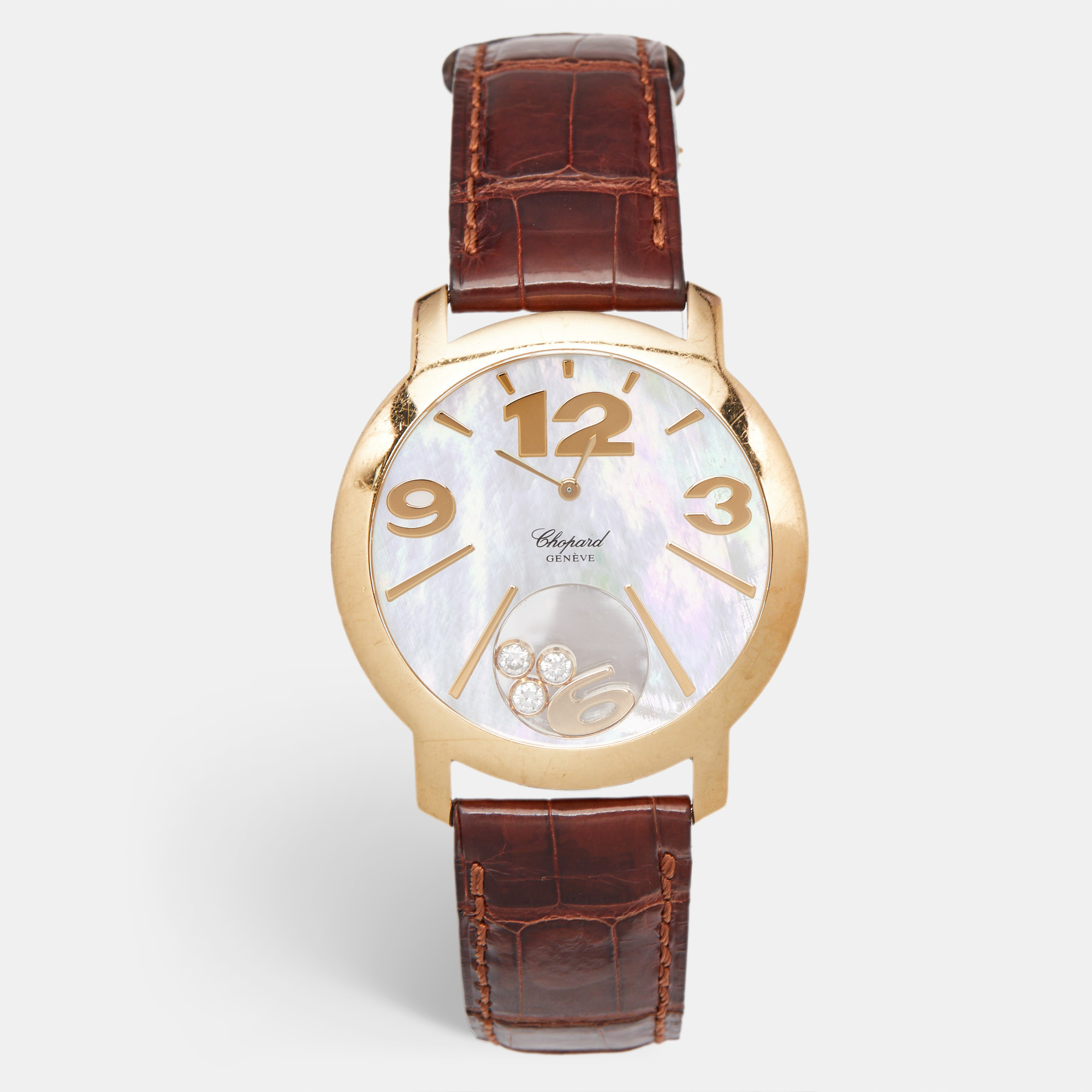 Chopard Mother Of Pearl 18K Yellow Gold Alligator Leather Happy Diamonds 20/7449 Women's Wristwatch 40 mm, Watches - Luxury Closet catalog