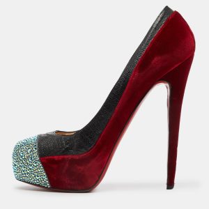 Christian Louboutin Red/Black Velvet and Ostrich Leg Strass Calypso Pumps Size 41.5, Pumps - Luxury Closet catalog