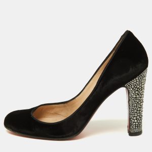 Christian Louboutin Black Velvet Crystal Embellished Heel Round Toe Pumps Size 38, Pumps - Luxury Closet catalog