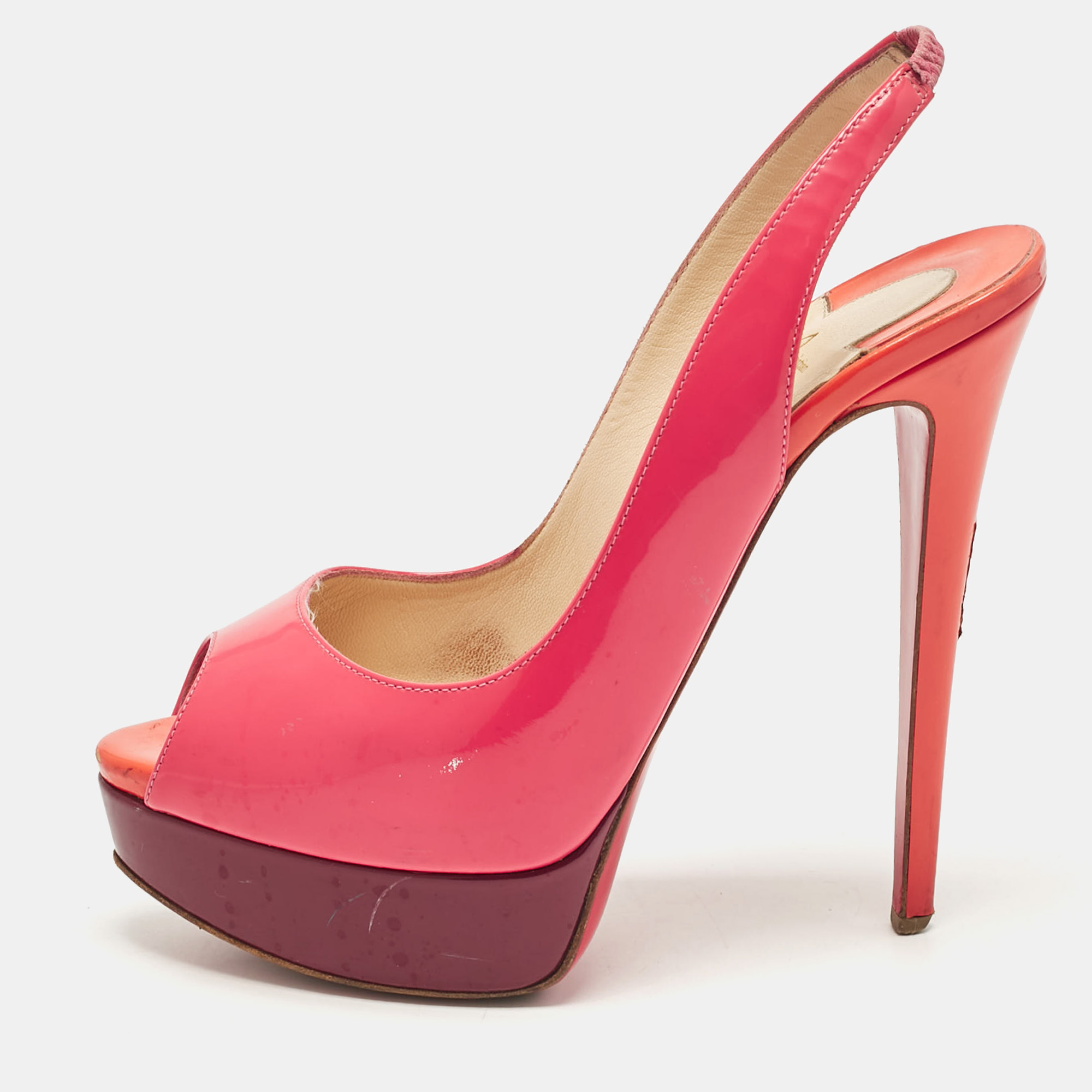 Christian Louboutin Pink Patent Leather Lady Peep Slingback Pumps Size 37, Pumps - Luxury Closet catalog