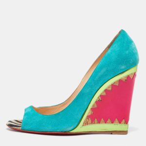 Christian Louboutin Multicolor Suede and Patent Leather Miramar Wedge Pumps Size 38.5, Pumps - Luxury Closet catalog