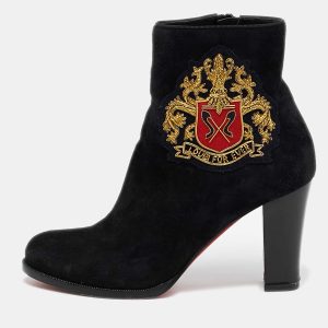Christian Louboutin Black Suede Embroidered Patch Collegissima Ankle Boots Size 36.5, Boots - Luxury Closet catalog