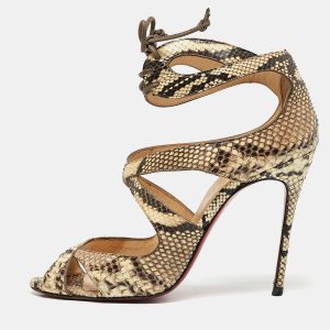 Christian Louboutin Brown/Beige Python Leather Ankle Strap Sandals Size 38.5, Sandals - Luxury Closet catalog