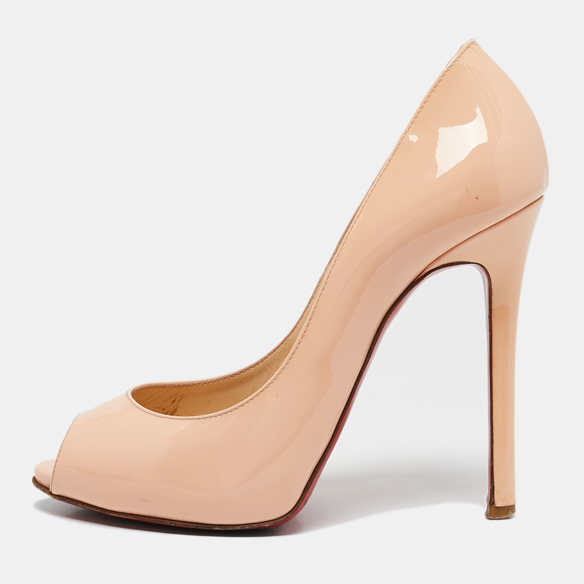Christian Louboutin Peach Pink Patent Leather Flo Peep Toe Pumps Size 35, Pumps - Luxury Closet catalog
