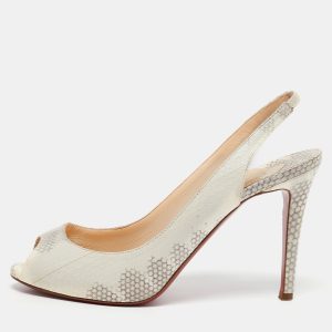 Christian Louboutin Cream/Grey Python Embossed Leather Peep Toe Slingback Sandals Size 38, Pumps - Luxury Closet catalog