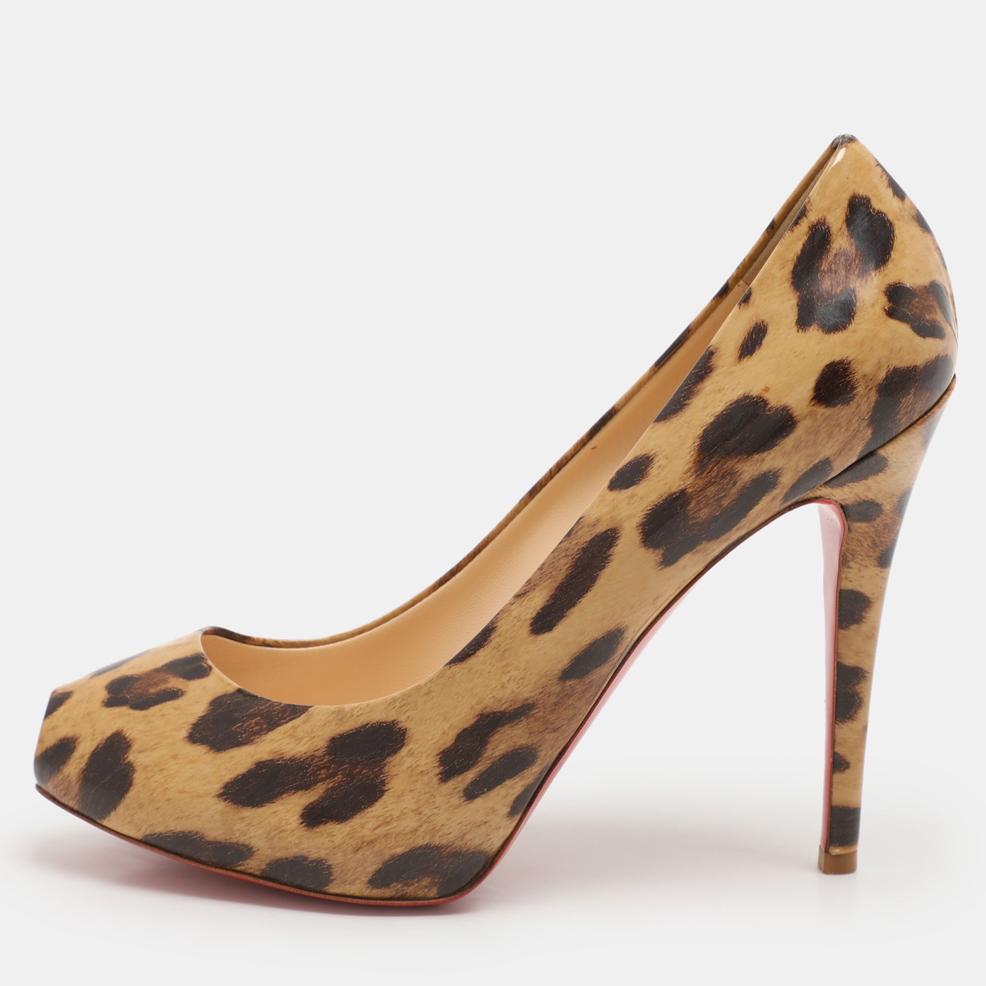 Christian Louboutin Beige Leopard Print Patent Leather Ron Ron Peep Toe Pumps Size 39.5, Pumps - Luxury Closet catalog