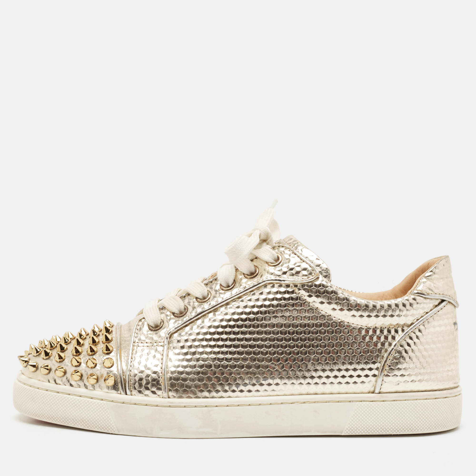 Christian Louboutin Gold Pattern Embossed Leather Louis Junior Spikes Low Top Sneakers Size 38.5, Athletic Shoes & Sneakers - Luxury Closet catalog