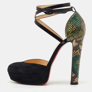 Christian Louboutin Black/Green Suede and Python Ankle Strap Platform Pumps Size 38.5, Pumps - Luxury Closet catalog