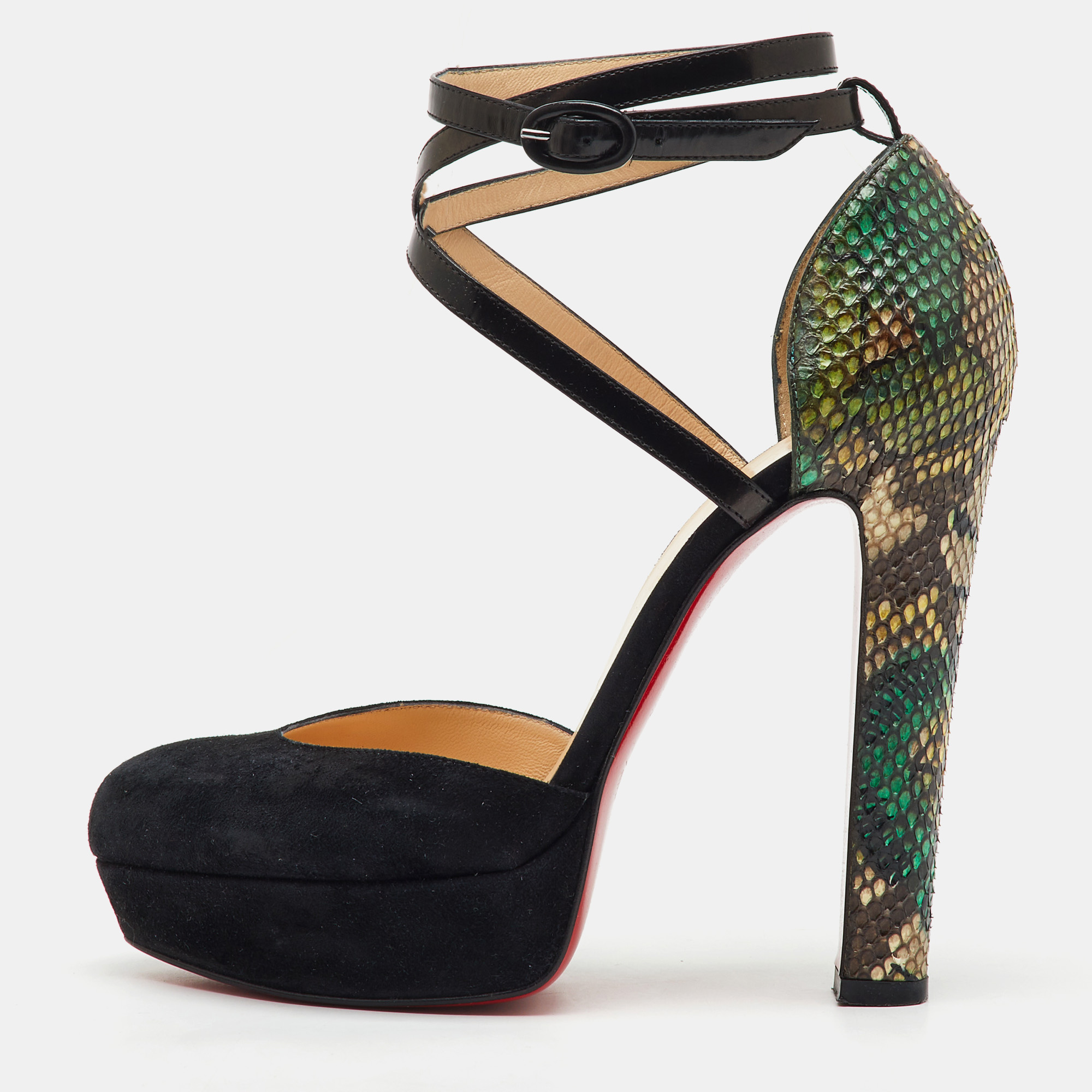 Christian Louboutin Black/Green Suede and Python Ankle Strap Platform Pumps Size 38.5, Pumps - Luxury Closet catalog