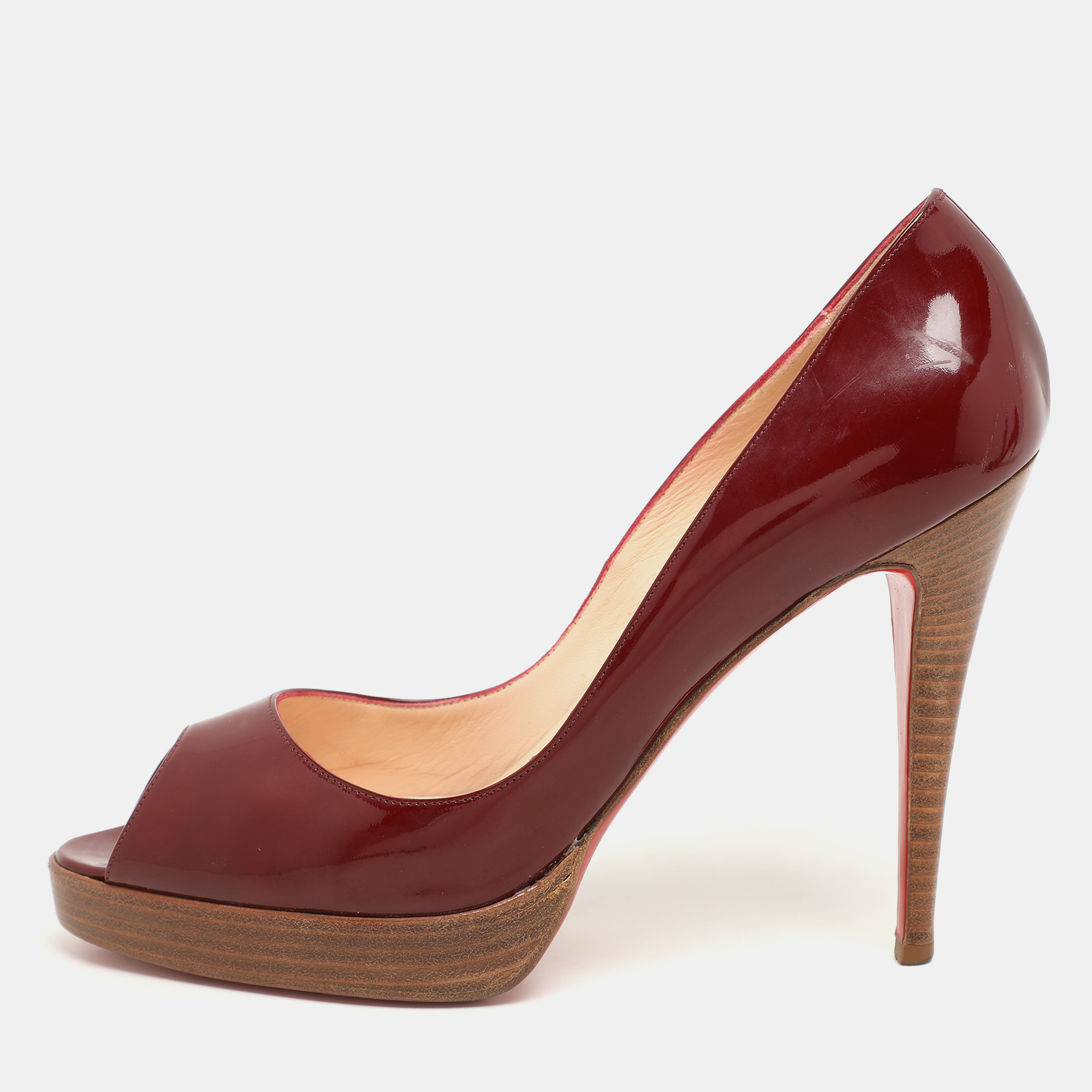 Christian Louboutin Red Patent Leather Peep Toe Platform Pumps Size 40.5, Pumps - Luxury Closet catalog