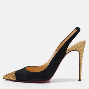 Christian Louboutin Black/Gold Suede and Glitter Almine Slingback Pumps Size 37.5, Pumps - Luxury Closet catalog