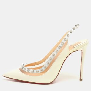 Christian Louboutin Cream Patent Leather and PVC Brigandine Spike Slingback Pumps Size 36.5, Pumps - Luxury Closet catalog