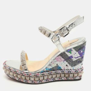 Christian Louboutin Silver Foil Leather Studded Cataclou Espadrille Wedge Sandals 38, Sandals - Luxury Closet catalog